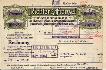 Erfurt Richter & Frenzel Plumbing Wholesale Letterhead 04/03/1926