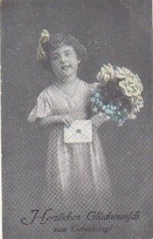 child with envelope and flowers birthday card gebr. circa 1910
