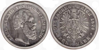 5 Mark 1874 Wuerttemberg Karl condition!