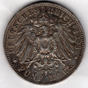5 Mark 1908 Wuerttemberg Wilhelm II Silver