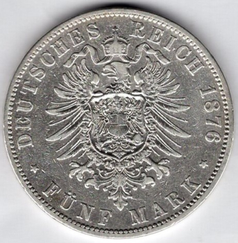 5 Mark Hamburg 1876 Silver Coin