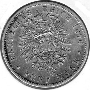 5 Mark Prussia 1876 B Wilhelm I. Silver Coin