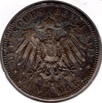 5 Mark Prussia 1903 A Kaiser Wilhelm II Silver Coin