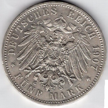 5 Mark Prussia 1907 A Kaiser Wilhelm II Silver Coin