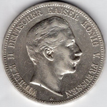 5 Mark Prussia 1907 A Kaiser Wilhelm II Silver Coin