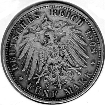 5 Mark Prussia 1908 A Kaiser Wilhelm II Silver Coin