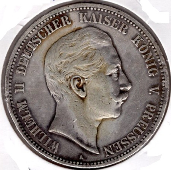5 Mark Prussia 1908 A Kaiser Wilhelm II Silver Coin