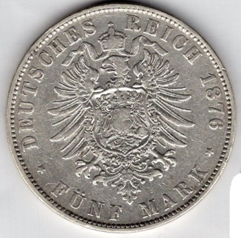 5 Mark Saxony 1876 King Albert Silver Coin