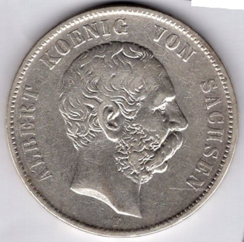5 Mark Saxony 1876 King Albert Silver Coin