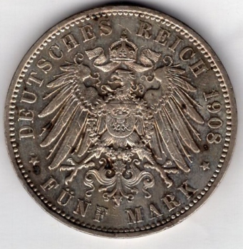 5 Mark Saxony 1908 King Frederick Augustus Silver Coin