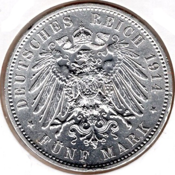 5 Mark Saxony 1914 King Frederick Augustus Silver Coin