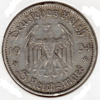 Jäger 356  - 5 Reichsmark 1934 A Garrison Church with Date Silver Coin German Empire