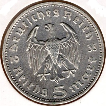 Jaeger 0360 - 5 Reichsmark 1935 J Hindenburg Silver Coin German Empire