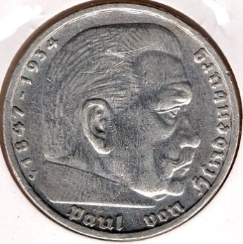 Jaeger 0360 - 5 Reichsmark 1935 J Hindenburg Silver Coin German Empire