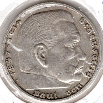 5 Reichsmark 1936 D Hindenburg Hakenkreuz