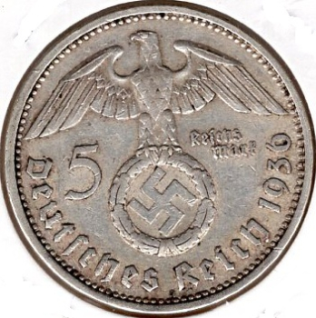 Jager 0367 - 5 Reichsmark 1936 E Hindenburg Swastika Silver Coin 