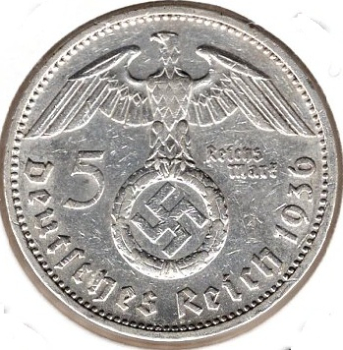 Jager 0367 - 5 Reichsmark 1936 F Hindenburg Swastika Silver Coin