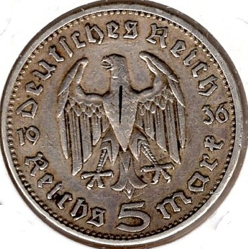 Jäger 0360 - 5 Reichsmark 1936 G Hindenburg Silbermünze Deutsches Reich