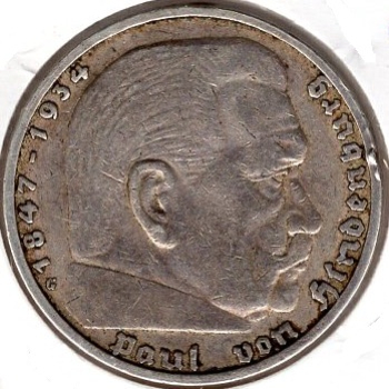 Jäger 0360 - 5 Reichsmark 1936 G Hindenburg Silbermünze Deutsches Reich