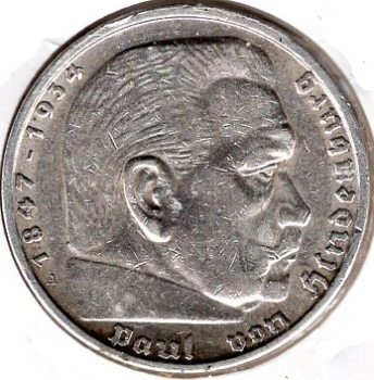 Jager 0367 - 5 Reichsmark 1937 A Hindenburg Swastika Silver Coin