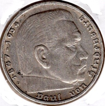 Jager 0367 - 5 Reichsmark 1937 D Hindenburg Swastika Silver Coin