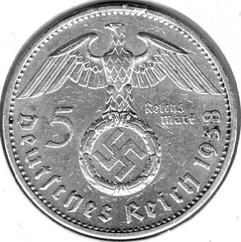 Jäger 0367 - 5 Reichsmark 1938 A Hindenburg Hakenkreuz Silbermünze