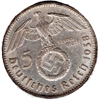 Jäger 0367 - 5 Reichsmark 1938 E Hindenburg Hakenkreuz Silbermünze