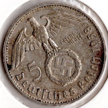 Jäger 0367 - 5 Reichsmark 1938 G Hindenburg Hakenkreuz Silbermünze