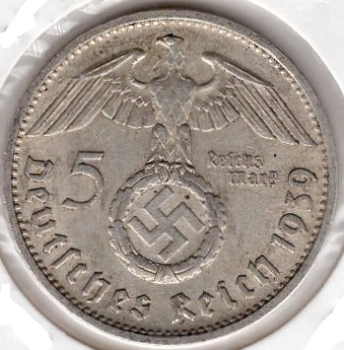 Jager 0367 - 5 Reichsmark 1939 D Hindenburg Swastika Silver Coin