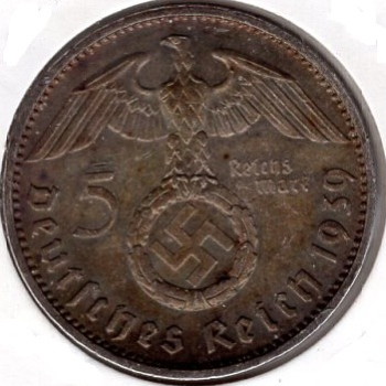 Jager 0367 - 5 Reichsmark 1939 J Hindenburg Swastika Silver Coin