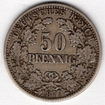 50 Pfennig 1877 F German Empire Silver Coin