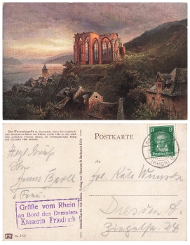 55422 Bacharach Wernerkapelle artist card board stamp Rhine steamer Kaiser Friedrich o 15.9.1928