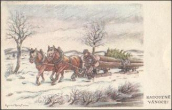 Kotysan Pferdeschlitten Kuenstlerkarte o ca. 1950