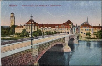 Mulheim Ruhr castle bridge with city pool and town hall tower. March 7, 1925