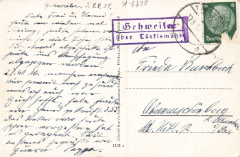 66640 Gehweiler Namborn Landpoststempel über Tuerkismuehle o 1938