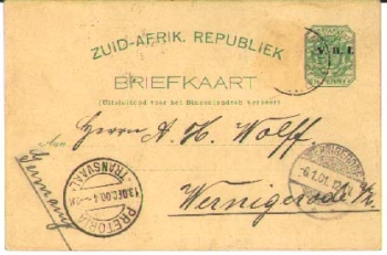 South Africa postal stationery with imprint V.R.I. o January 6, 1901 to Wernigerode