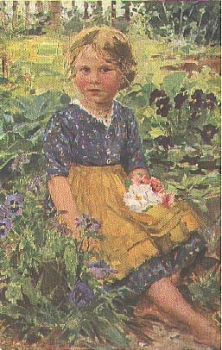 Robert Völcker, Kind auf blumiger Aue Künstlerkarte * ca. 1910