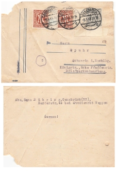 AM Post 2 x Michel 22 on letter o Osnabruck May 8, 1946 to Schwerin