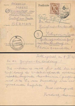 Postal stationary 6 Pfennig paid gray o Heide (Holstein) May 8, 1946 to Schwerin