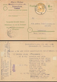 Postal stationary 6 Pfennig paid green o Eckernförde 15.5.1946