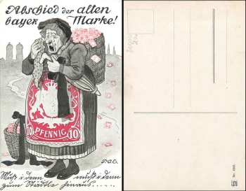 Farewell Bavarian postage stamp, woman with rucksack basket, artist card P. O.E., * Approx. 1920
