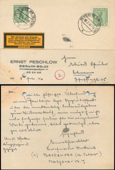 Allied occupations 1A and 1B on a postcard from Bettensee February 8, 1946 to Schwerin