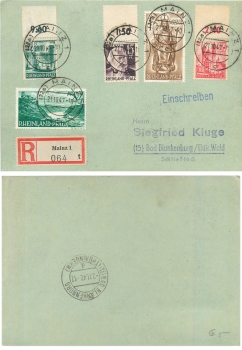 AB Rheinland-Pfalz 5 Werte aus Michel 1-14 auf R-Karte Mainz 1 o 21.10.1947