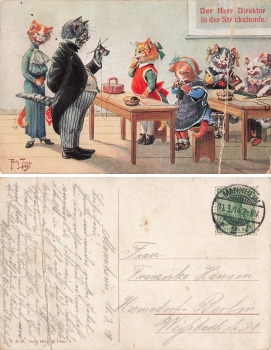 Arthur Thiele Künstlerkarte Katzen Schule Strickstunde o 1914 