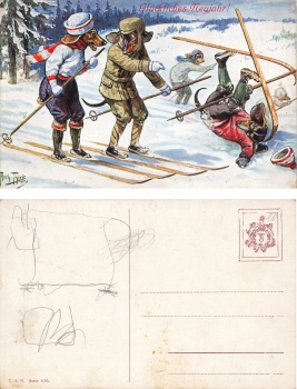 Arthur Thiele artist card dogs dachshunds skiing winter * u 1910
