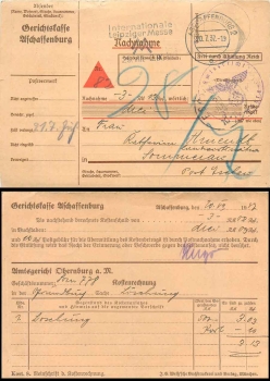Aschaffenburg cash on delivery card from the court cash register "Frei durch Detachment Reich" o 20.7.1937