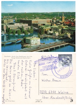 Astor Port Louis Paquebot High Seasmail ship postmark on AK Stokholm 4.7.1987