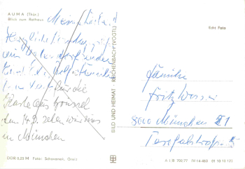 07955 Auma Thüringen Rathaus mit Postmeilensäule gebraucht 1977