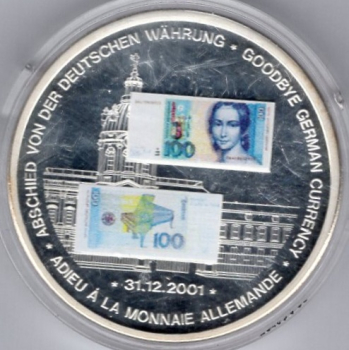 BRD Abschied von der Deutschen Währung mit 100 D-Mark Banknote Medaille 2001