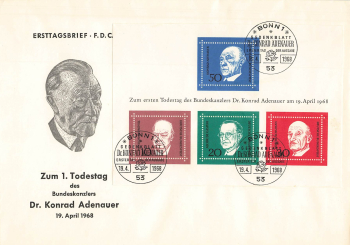 BRD Bund 1959 Adenauer-Block Block 4 auf Schmuck-FDC ESST Bonn 1968